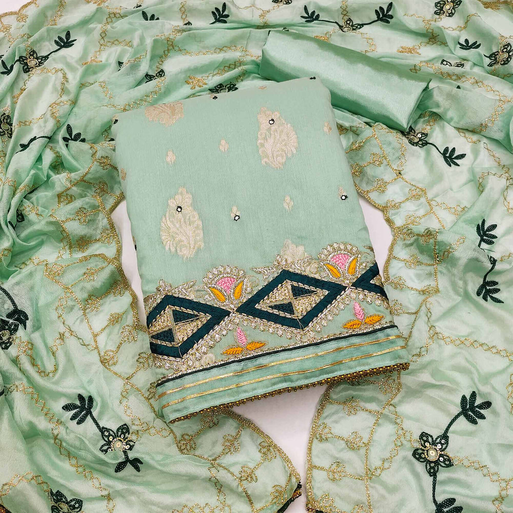 Green Floral Woven Banarasi Silk Dress Material