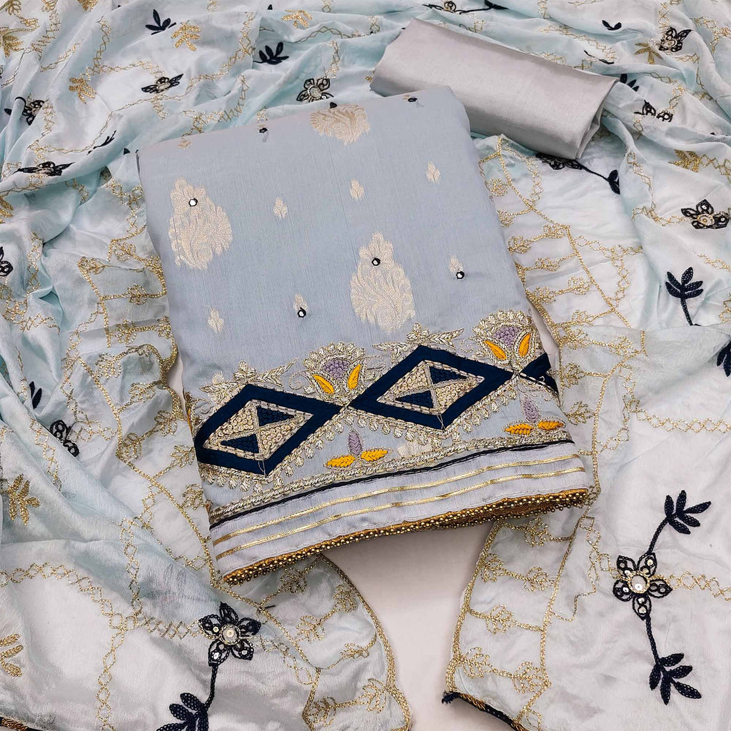 Grey Floral Woven Banarasi Silk Dress Material