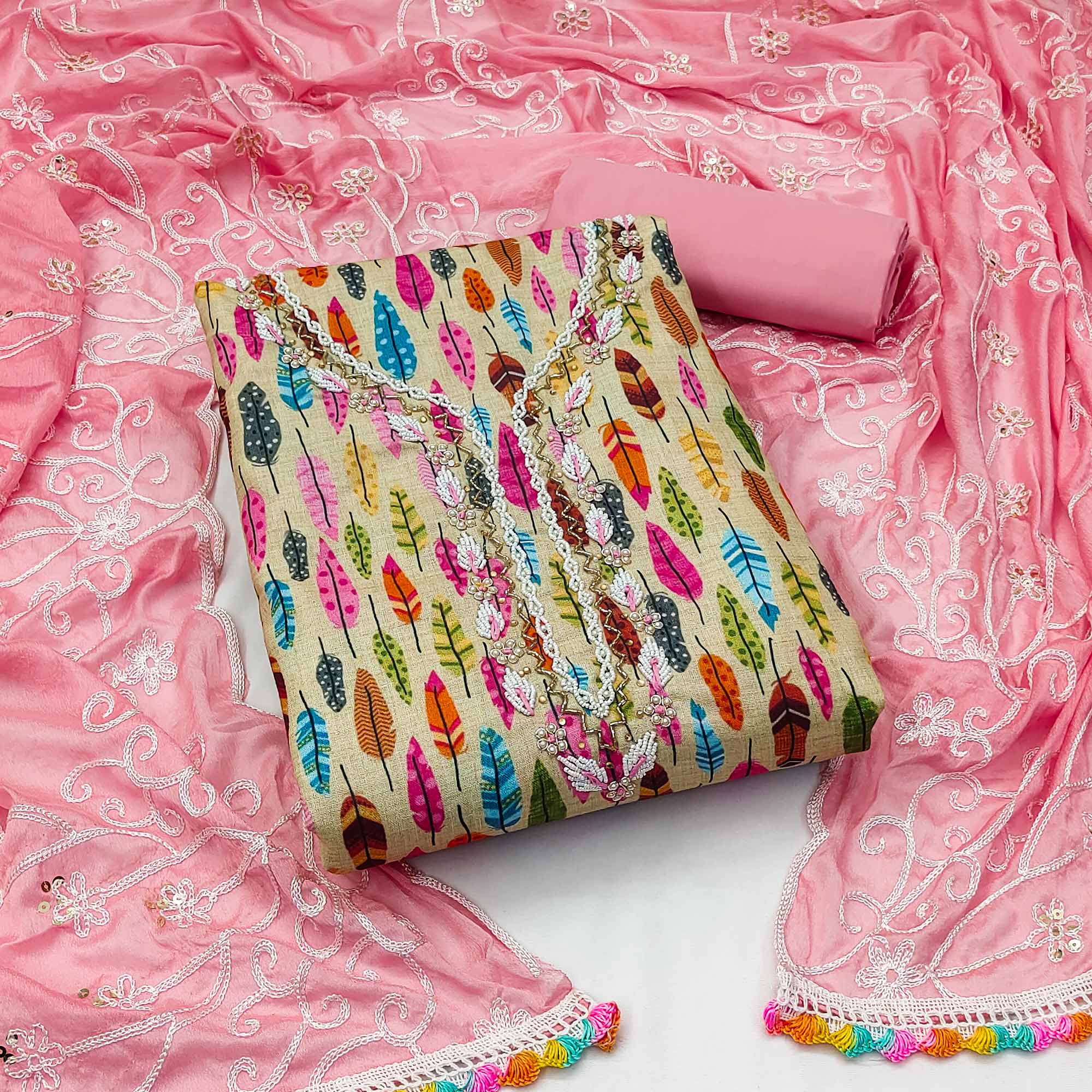 Chikoo Printed With Handwork Pure Cotton Dress Material