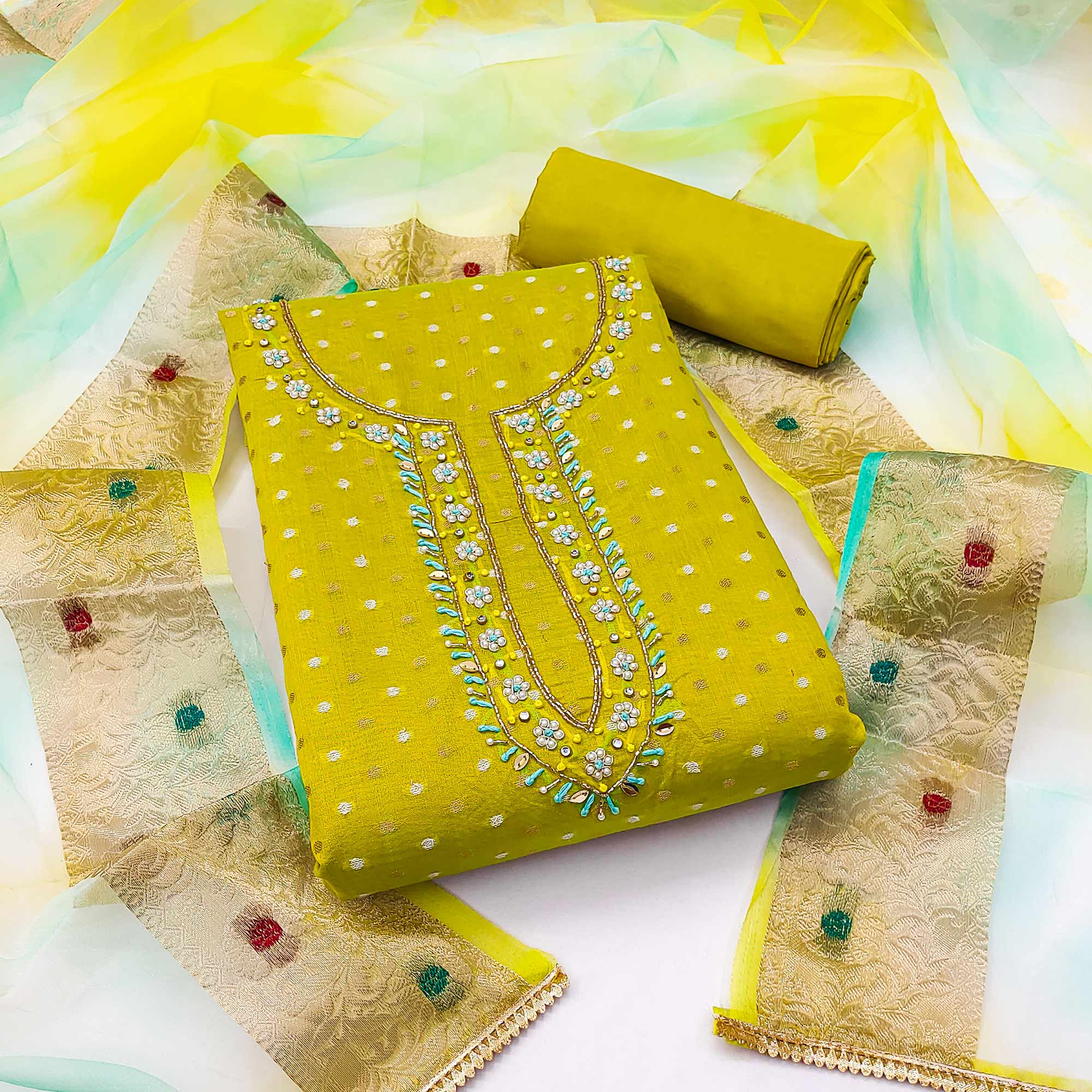 Green Woven With Handwork Modal Dress Material