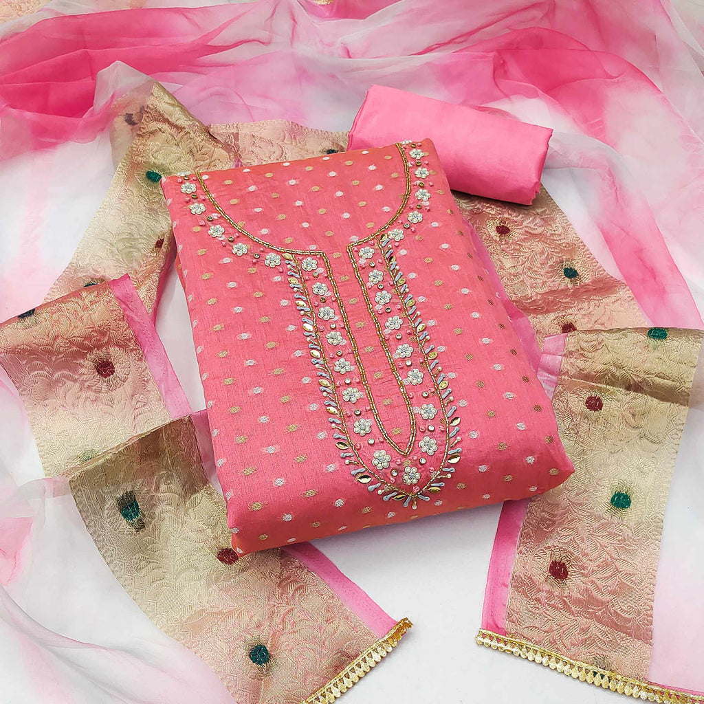 Pink Woven With Handwork Modal Dress Material