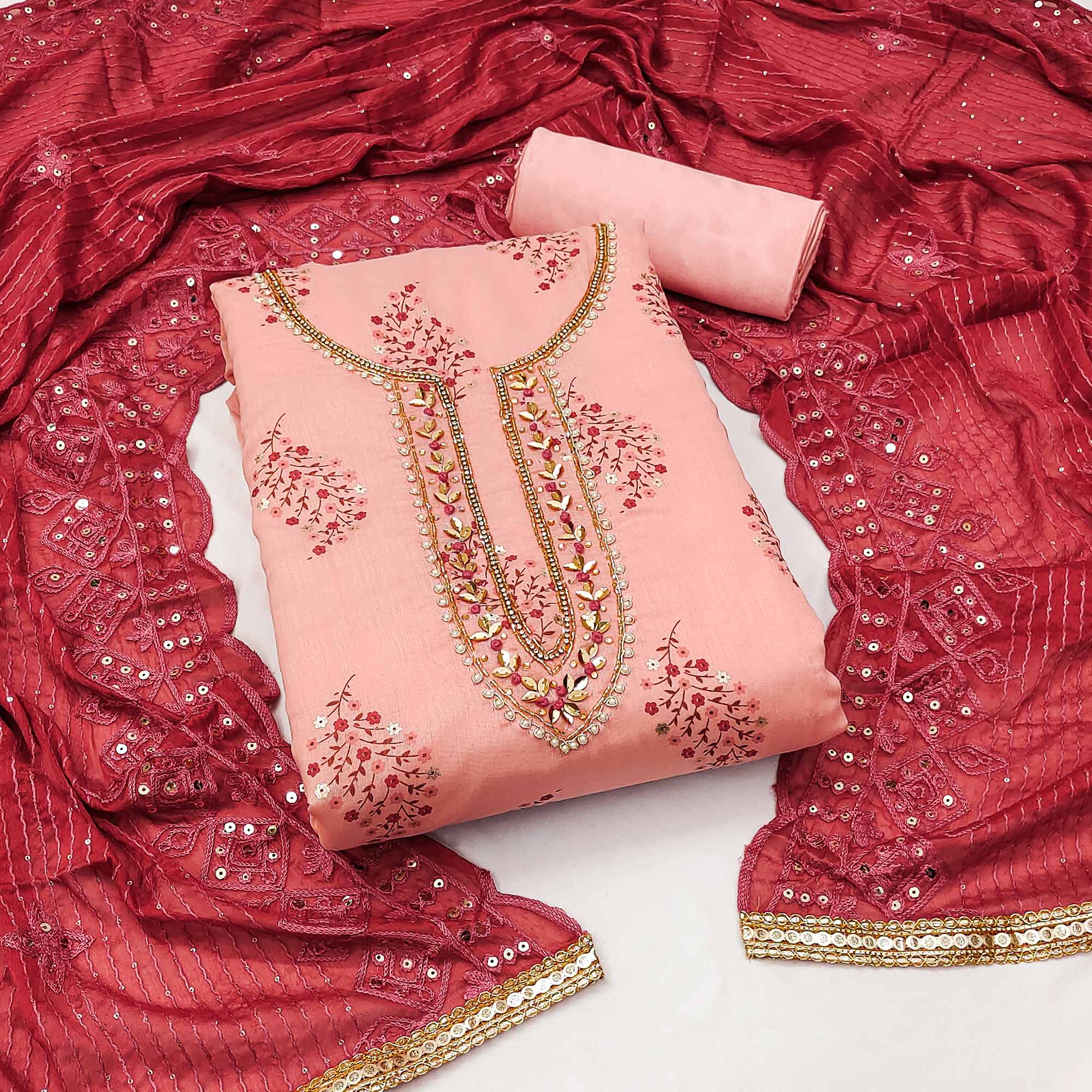 Peach Printed With Handwork Modal Dress Material