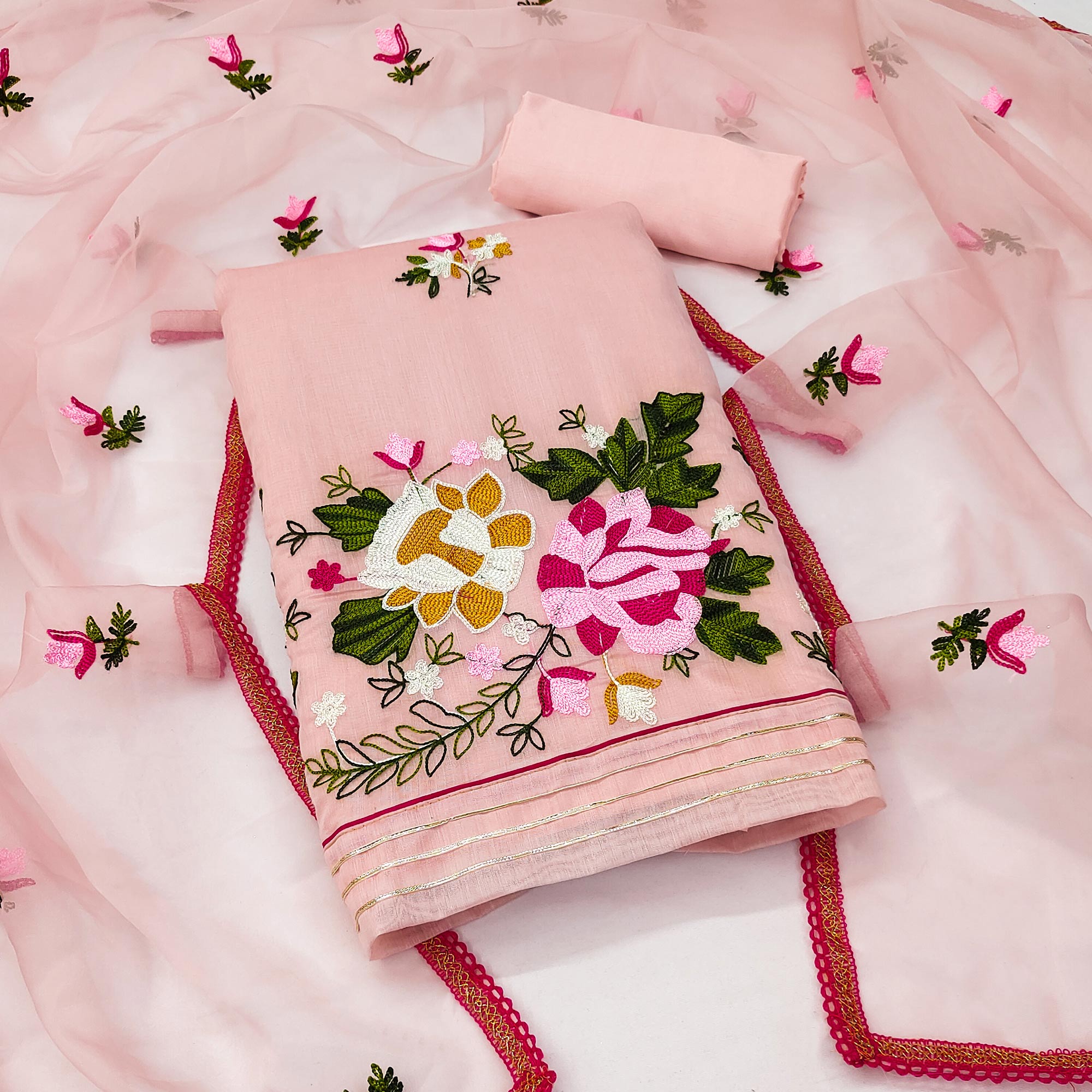 Peach Floral Embroidered Modal Dress Material