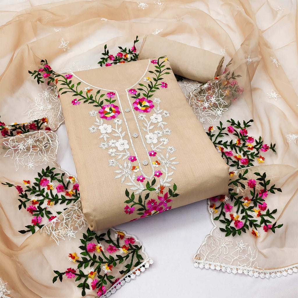 Chikoo Floral Embroidered Chanderi Dress Material