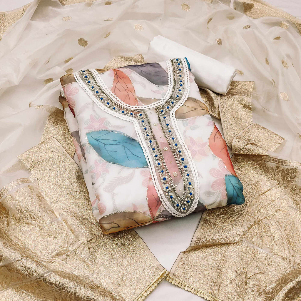 Off White Digital Printed With Handwork Organza Dress Material