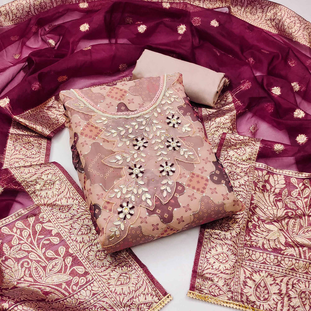 Beige Printed Organza Dress Material