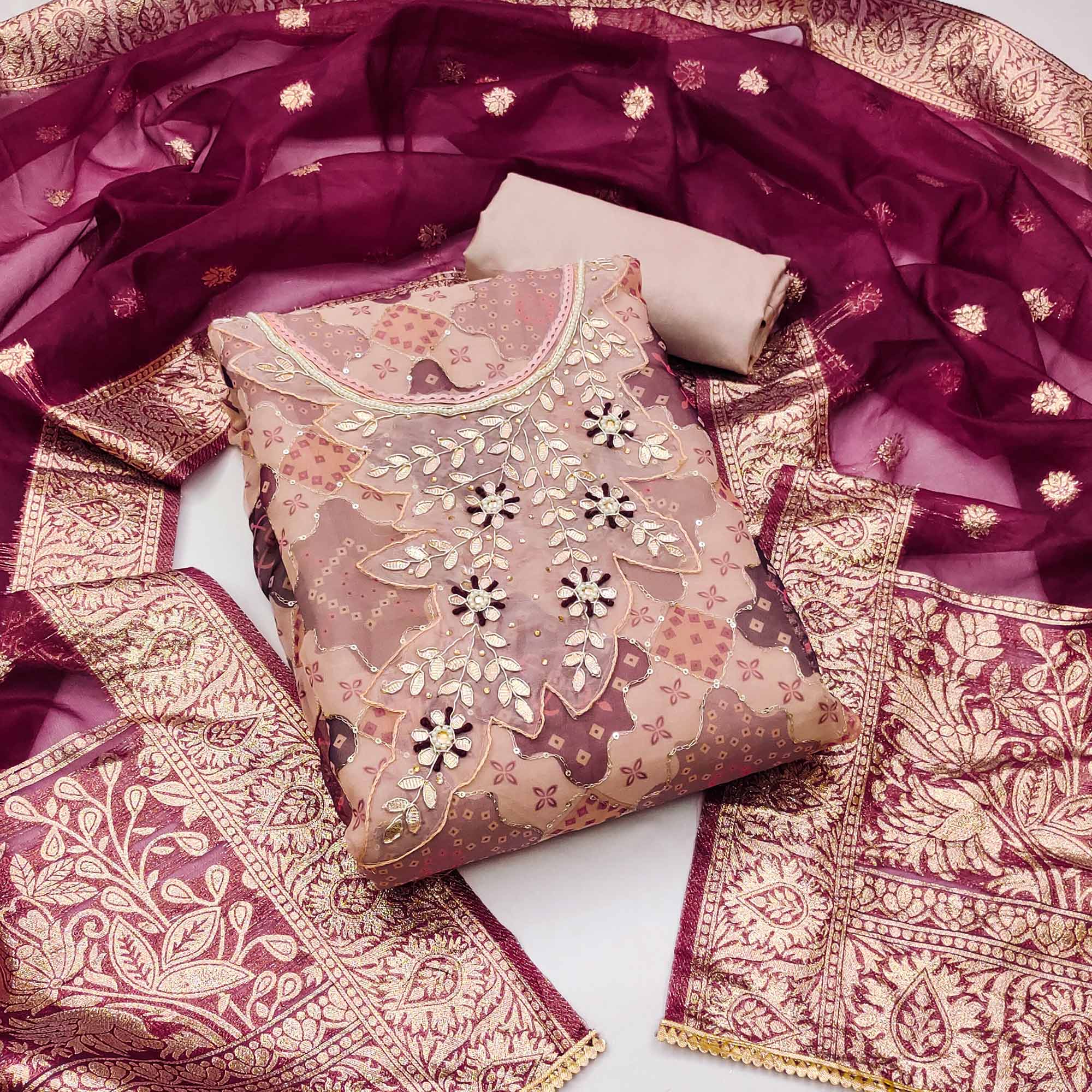 Beige Printed Organza Dress Material