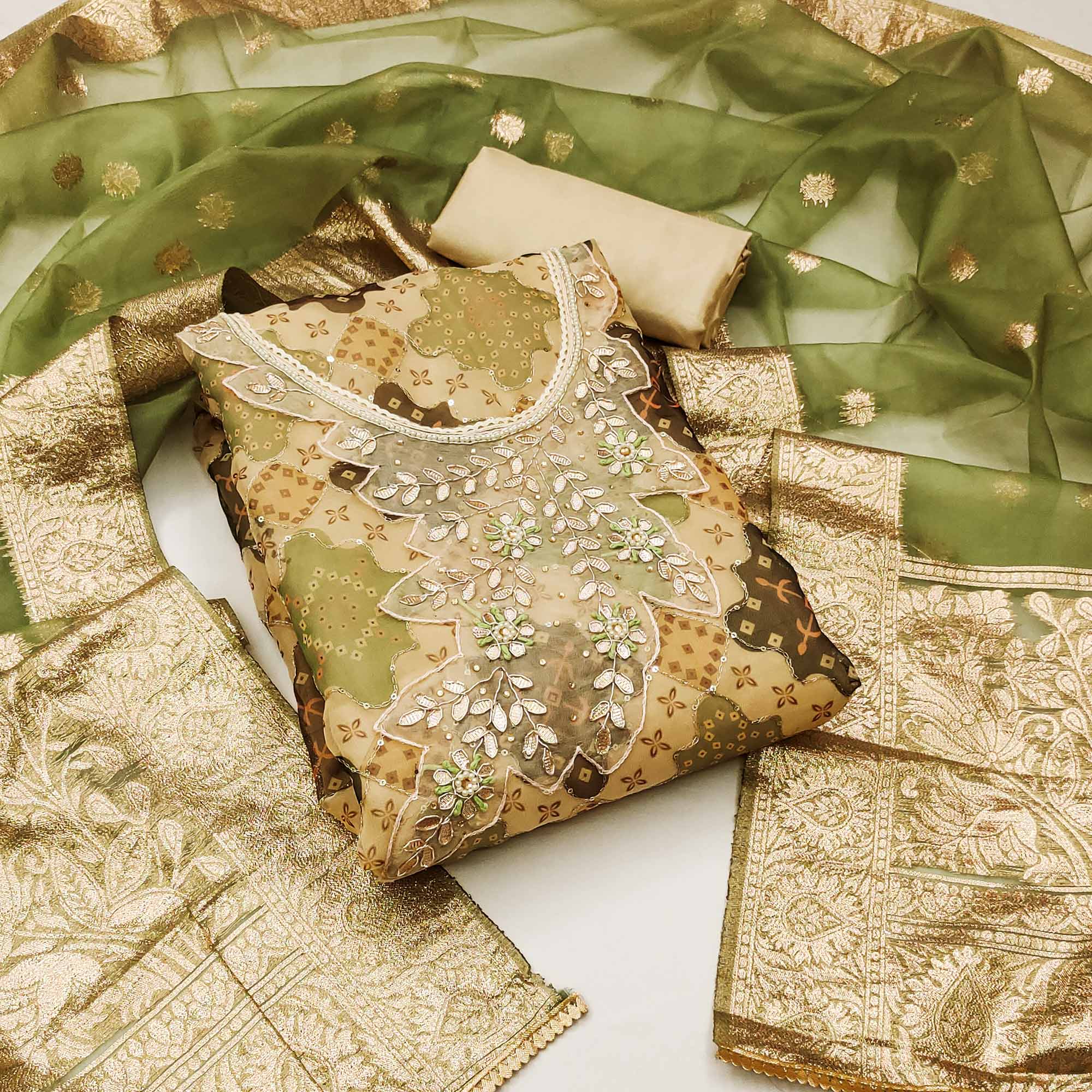 Chikoo Printed Organza Dress Material