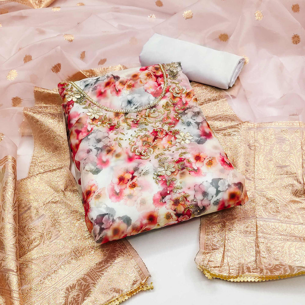 Off White Floral Printed Organza Dress Material