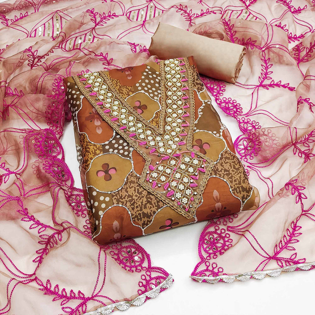 Brown Floral Printed Organza Dress Material