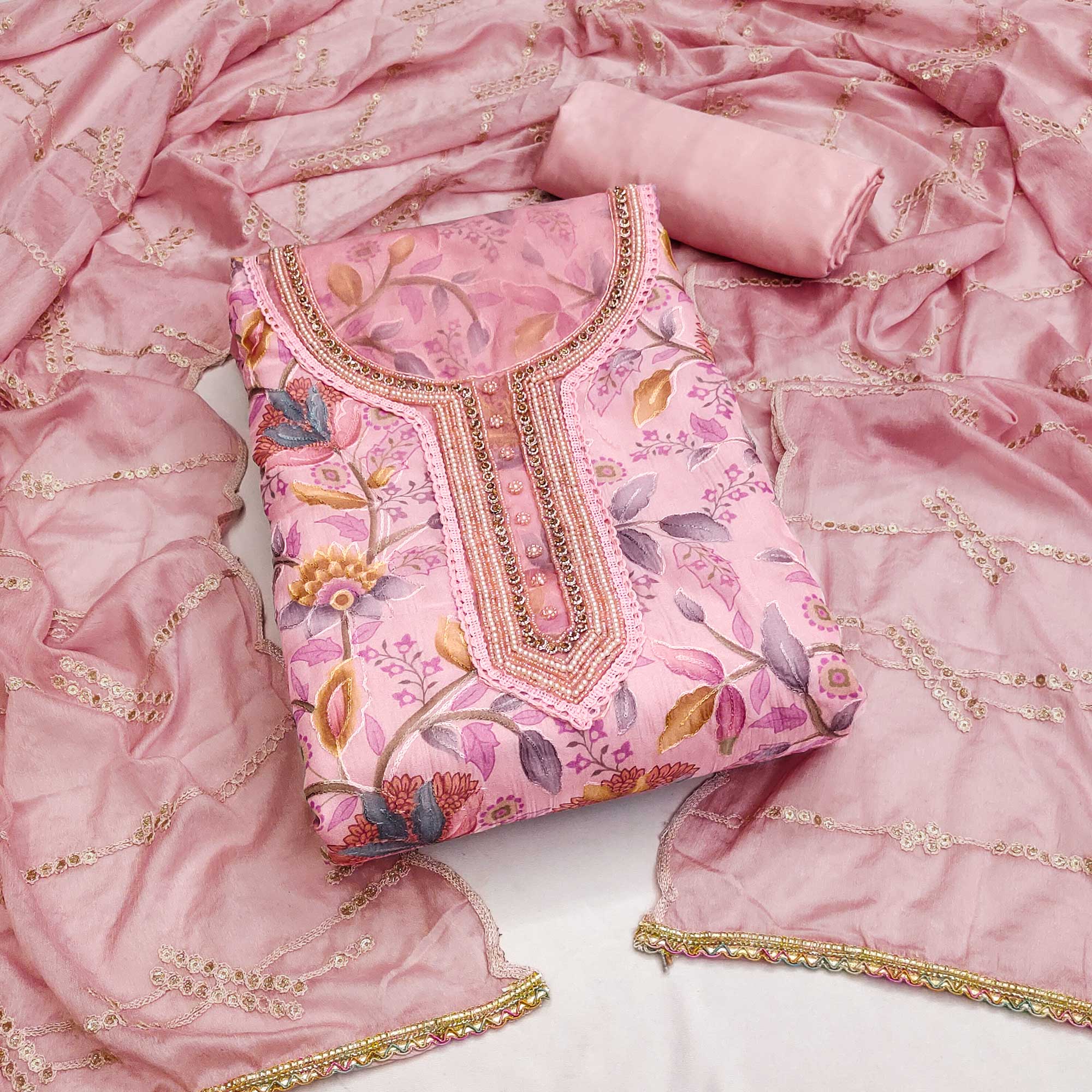 Peach Floral Printed Organza Dress Material