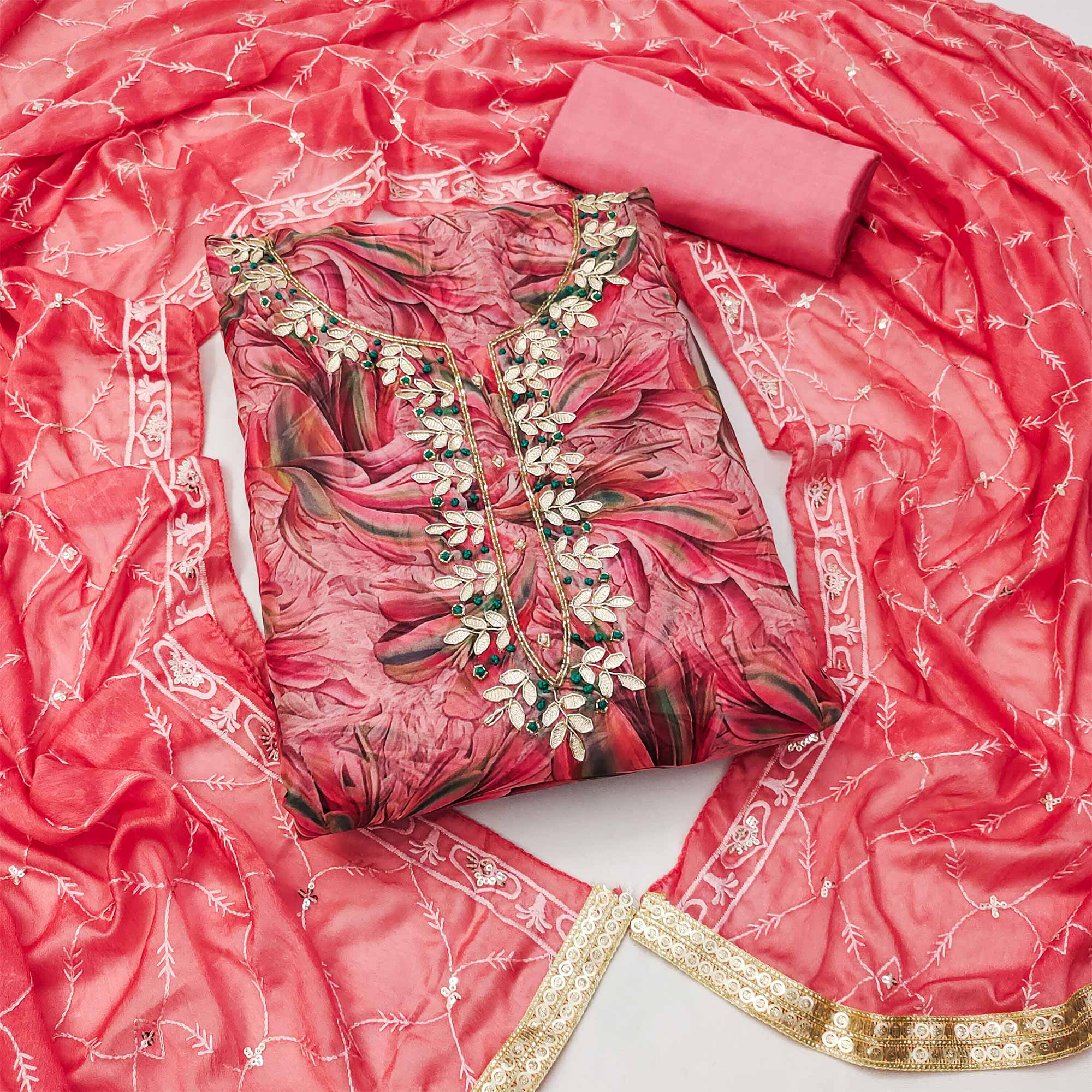 Pink Floral Printed Organza Dress Material