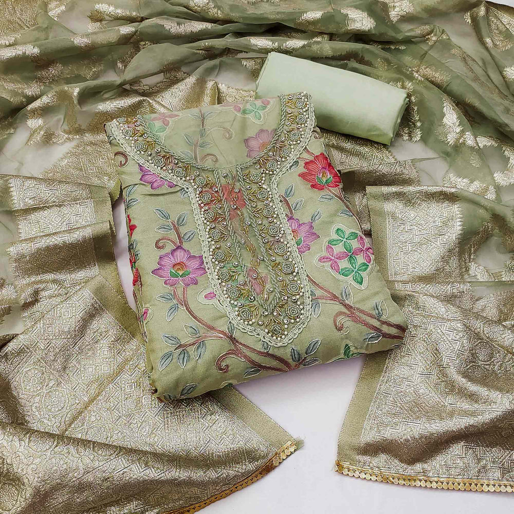 Green Floral Printed Organza Dress Material