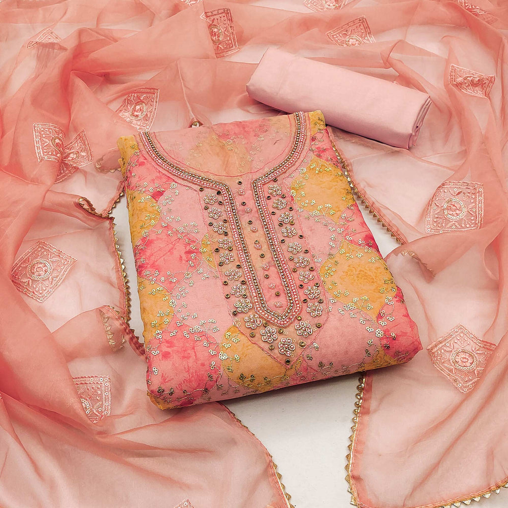 Peach Sequins Embroidered Organza Dress Material