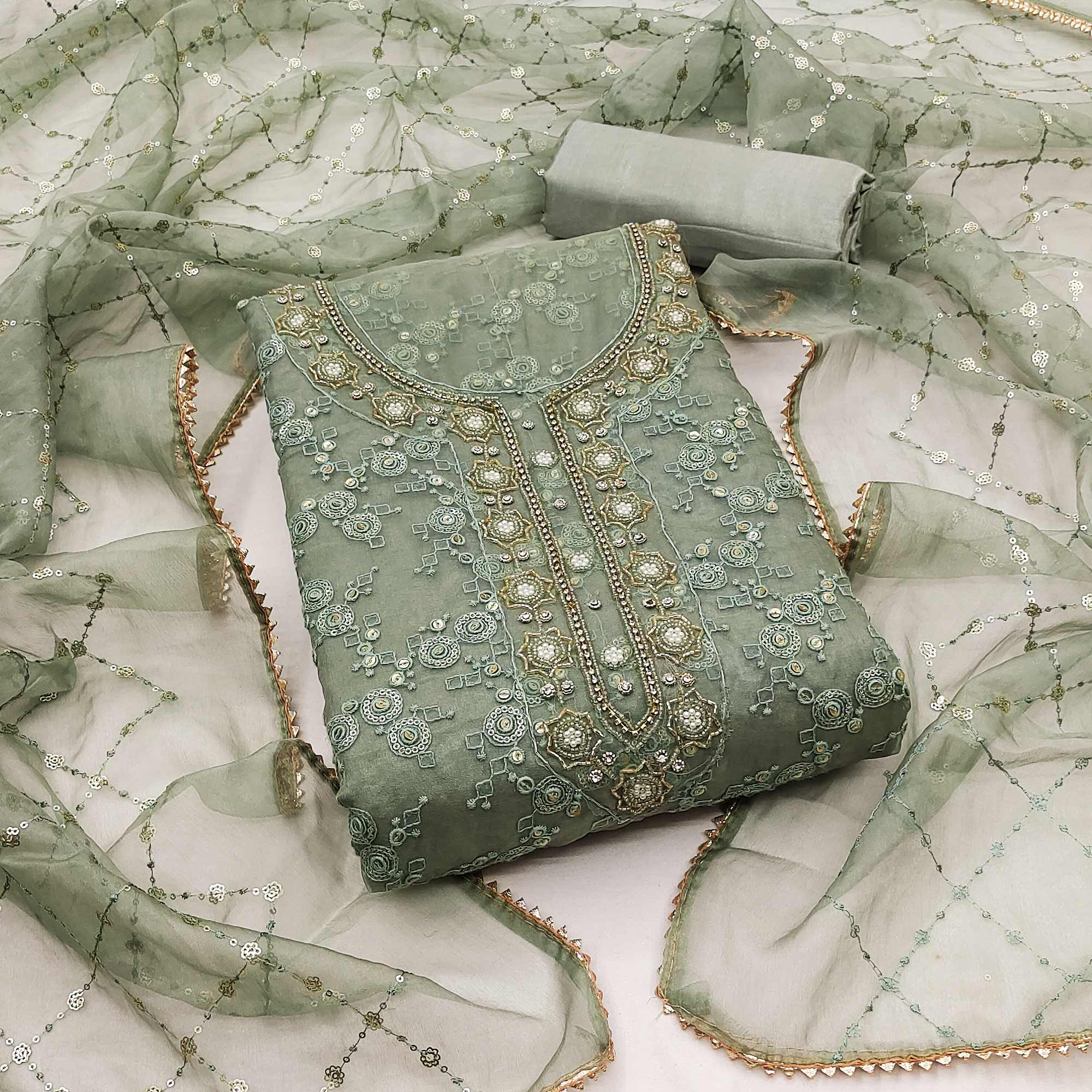 Green Sequins Embroidered Organza Dress Material