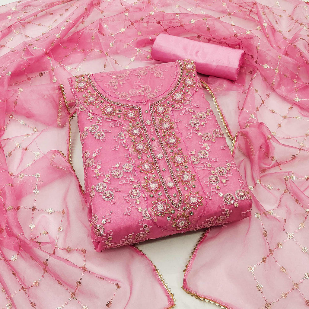 Pink Sequins Embroidered Organza Dress Material