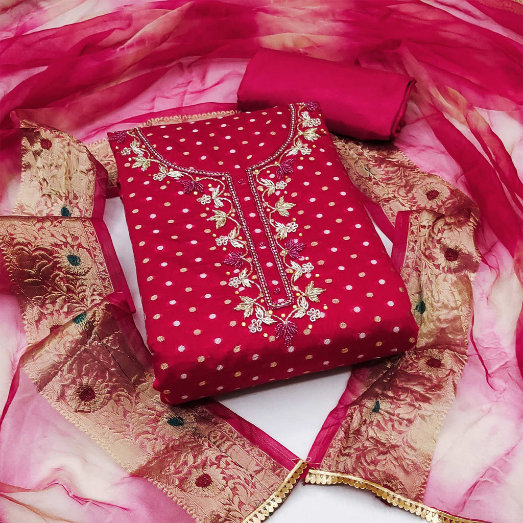 Pink Woven With Handwork Chanderi Silk Dress Material