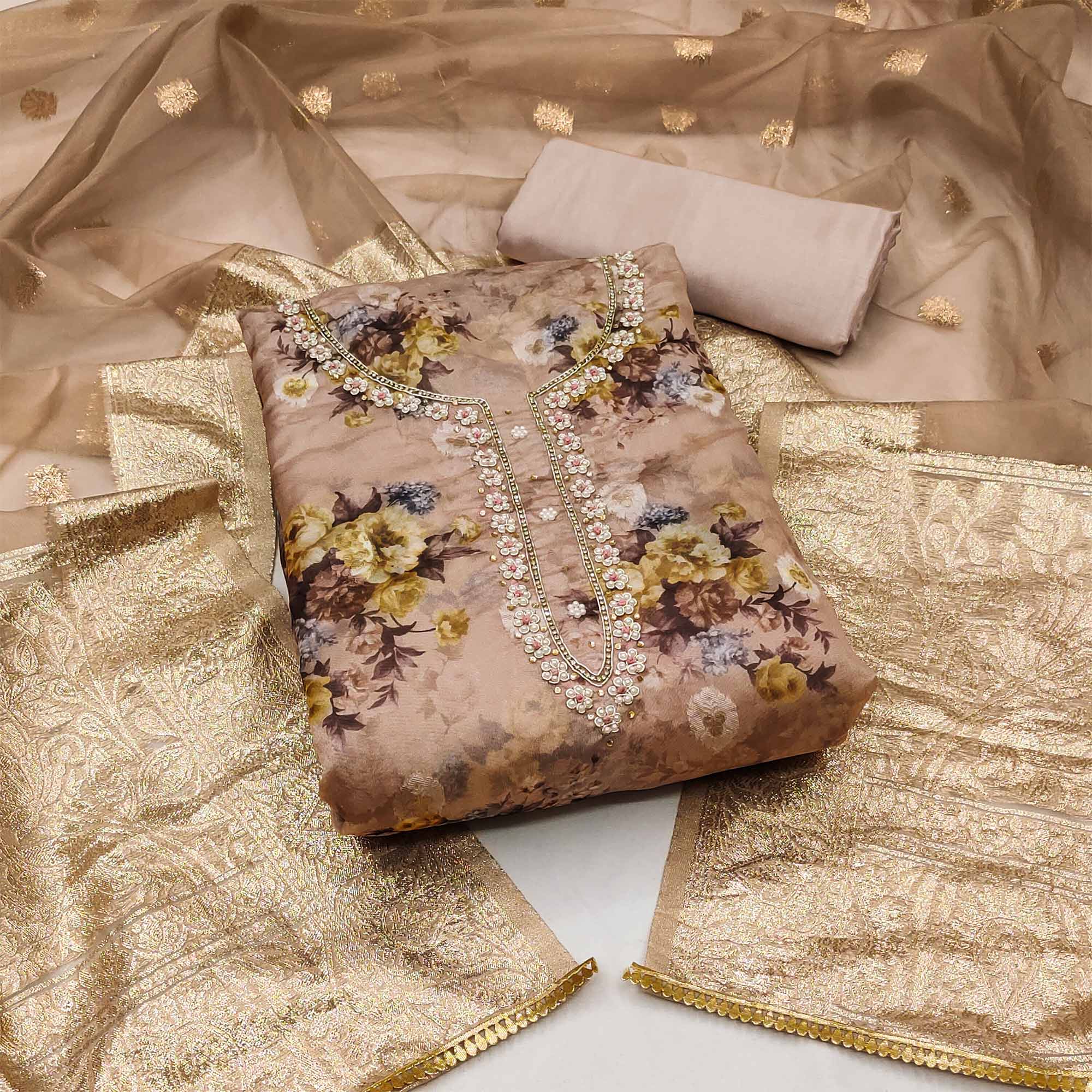 Brown Floral Digital Printed With Handwork Organza Dress Material