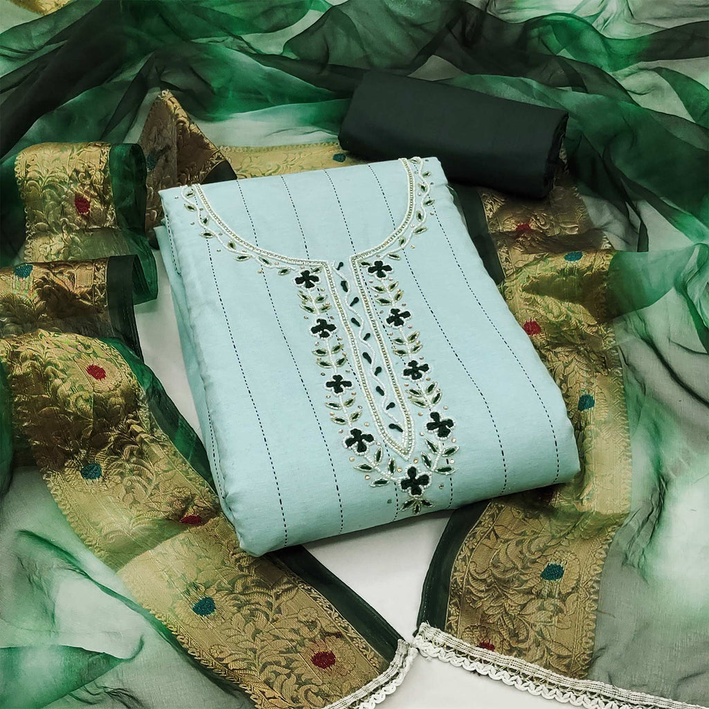 Green Embroidered With Handwork Cotton Blend Dress Material