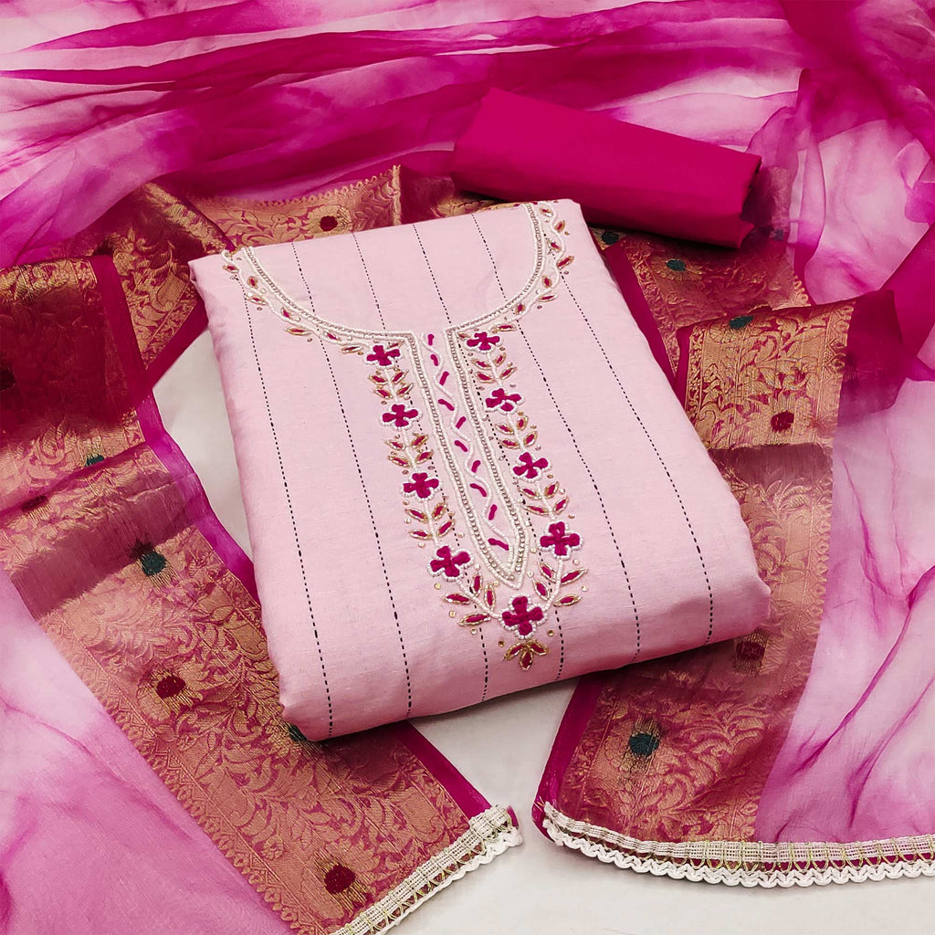 Pink Embroidered With Handwork Cotton Blend Dress Material