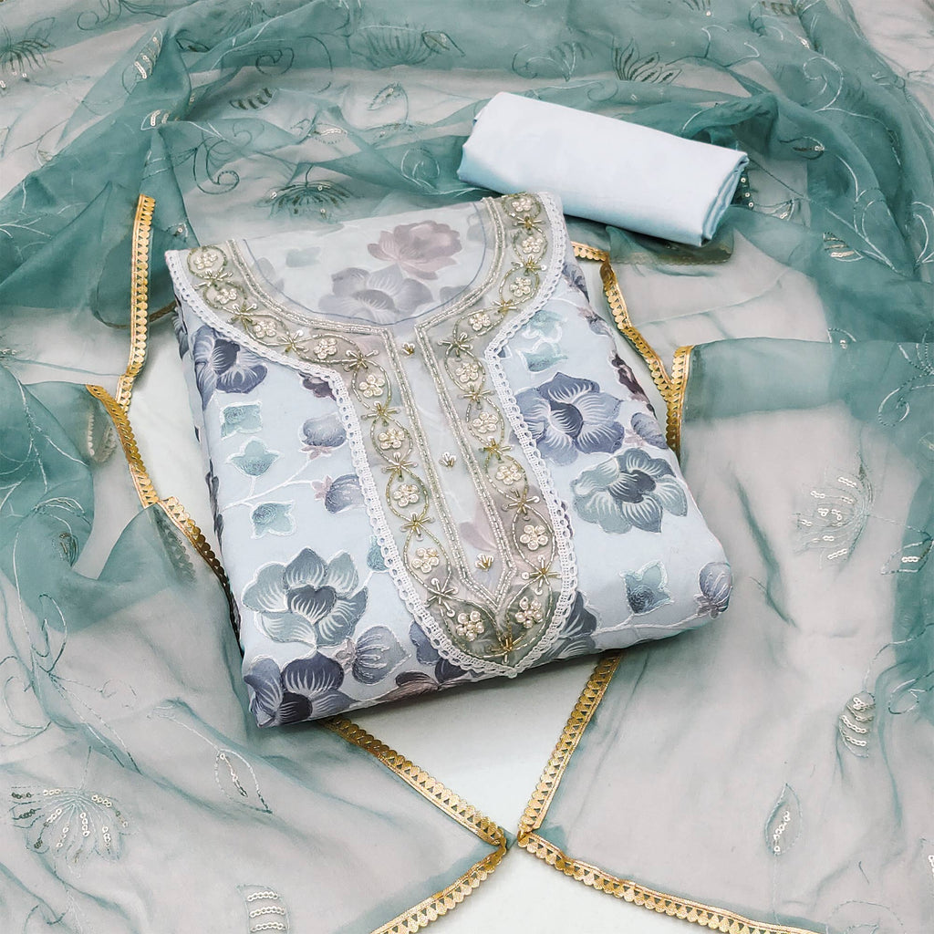 Blue Floral Embroidered With Printed Organza Dress Material