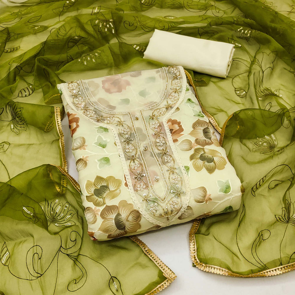 Cream Floral Embroidered With Printed Organza Dress Material