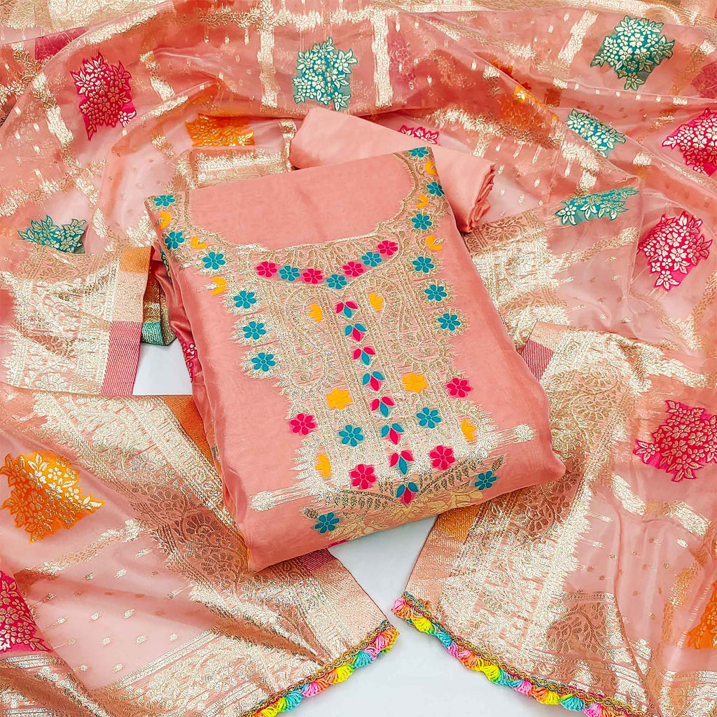 Peach Floral Woven Organza Dress Material