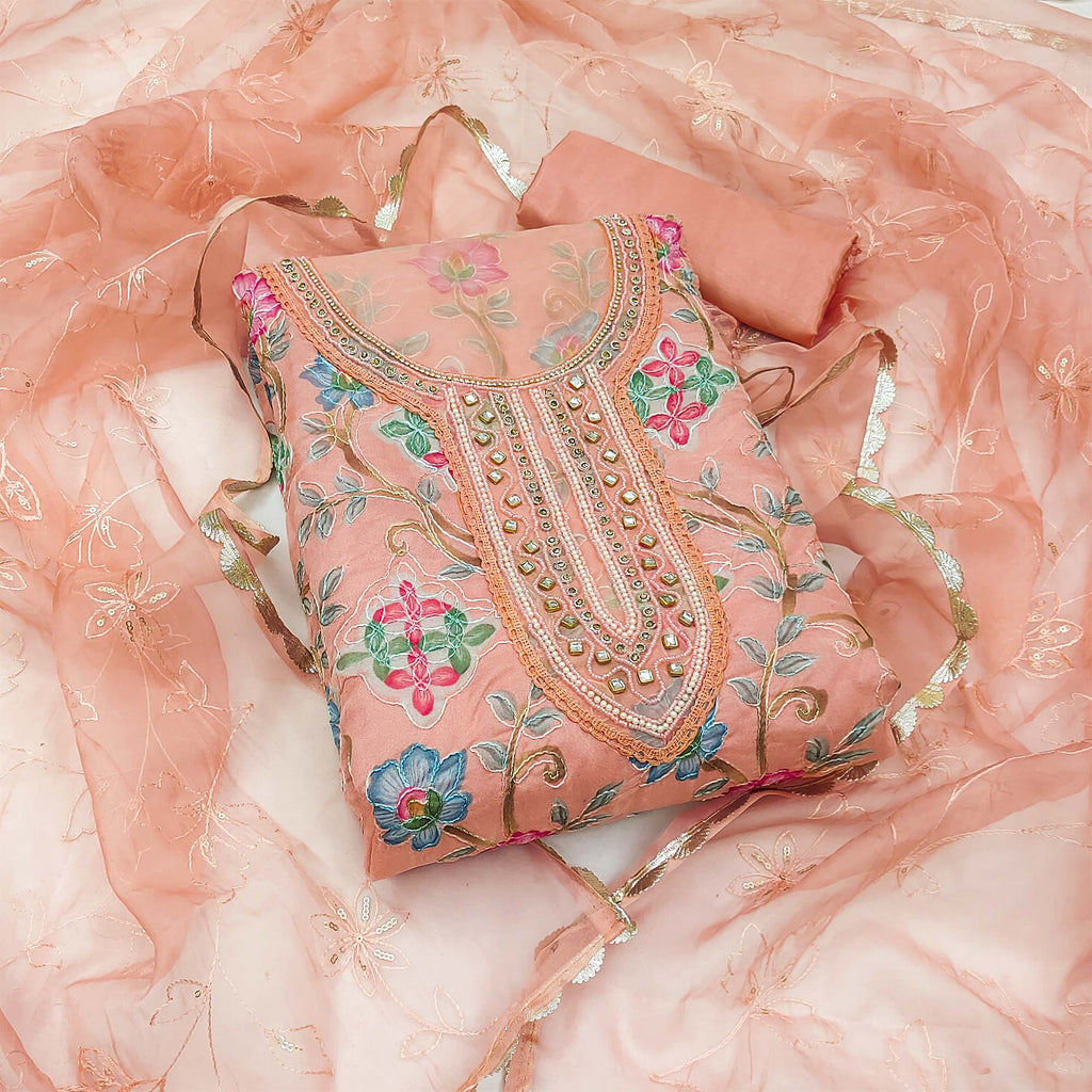 Peach Floral Printed Organza Dress Material