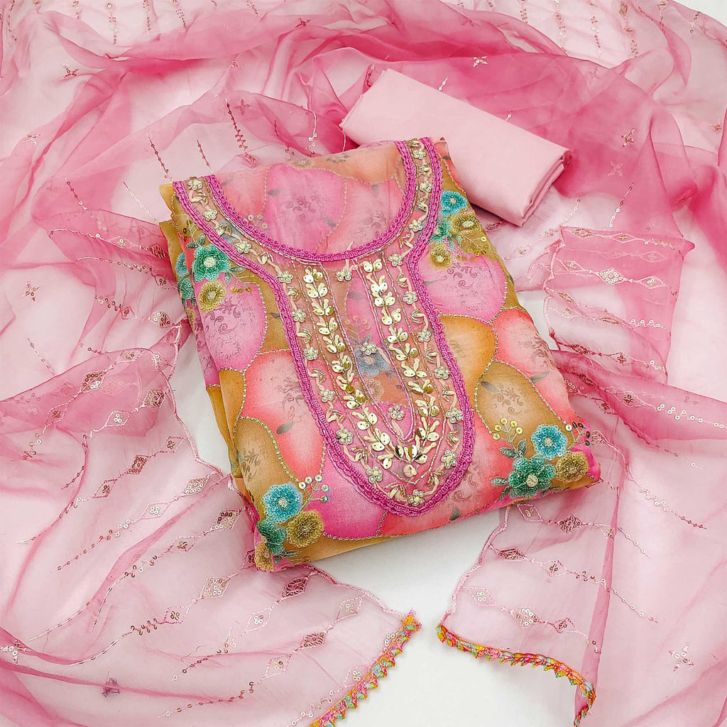 Pink Floral Printed Organza Dress Material