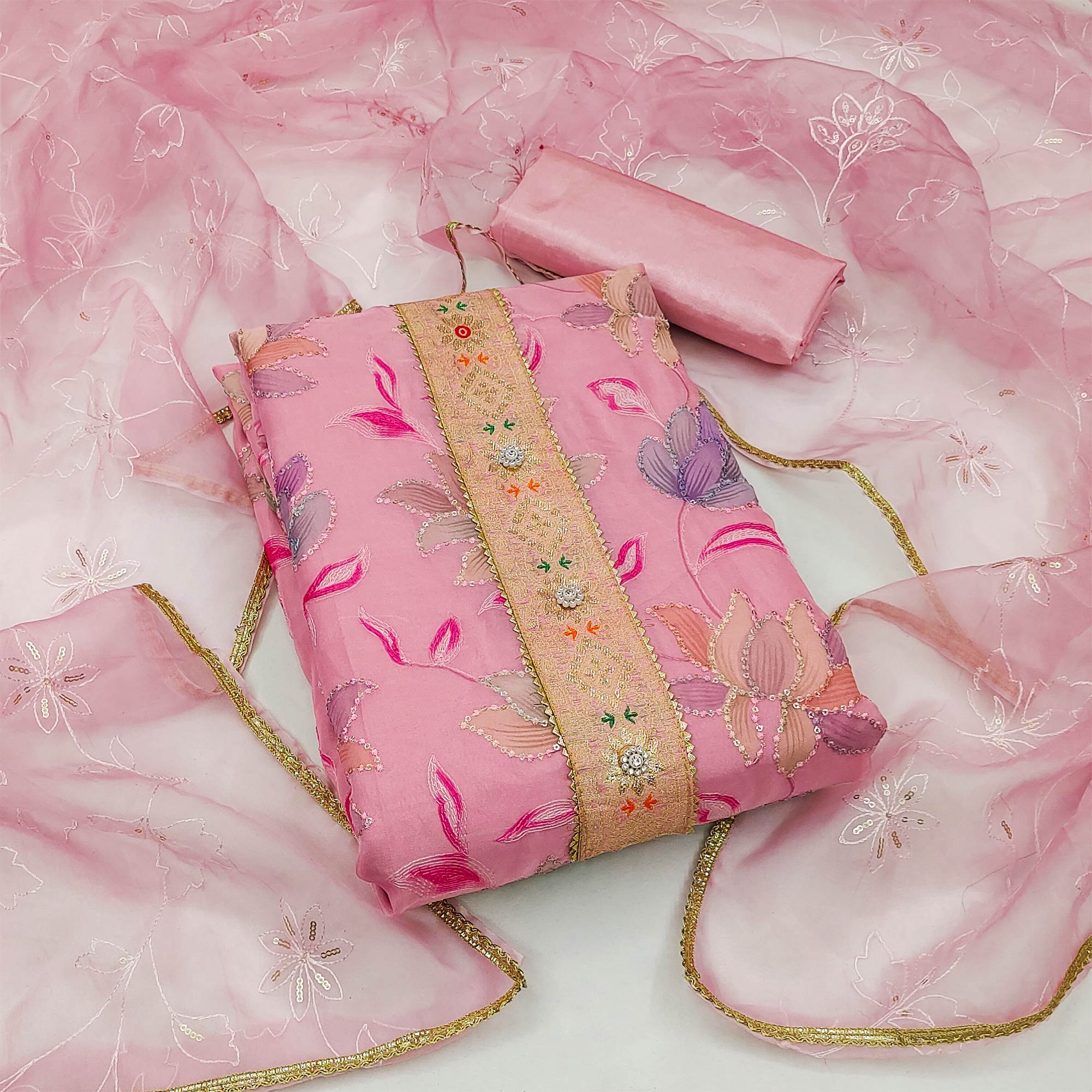 Pink Floral Printed Organza Dress Material