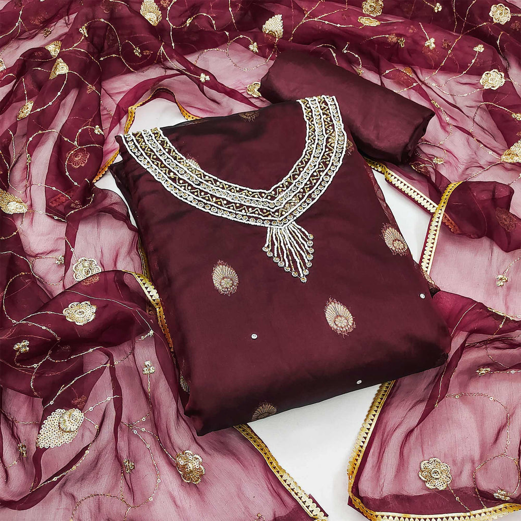 Maroon Floral Woven Organza Dress Material