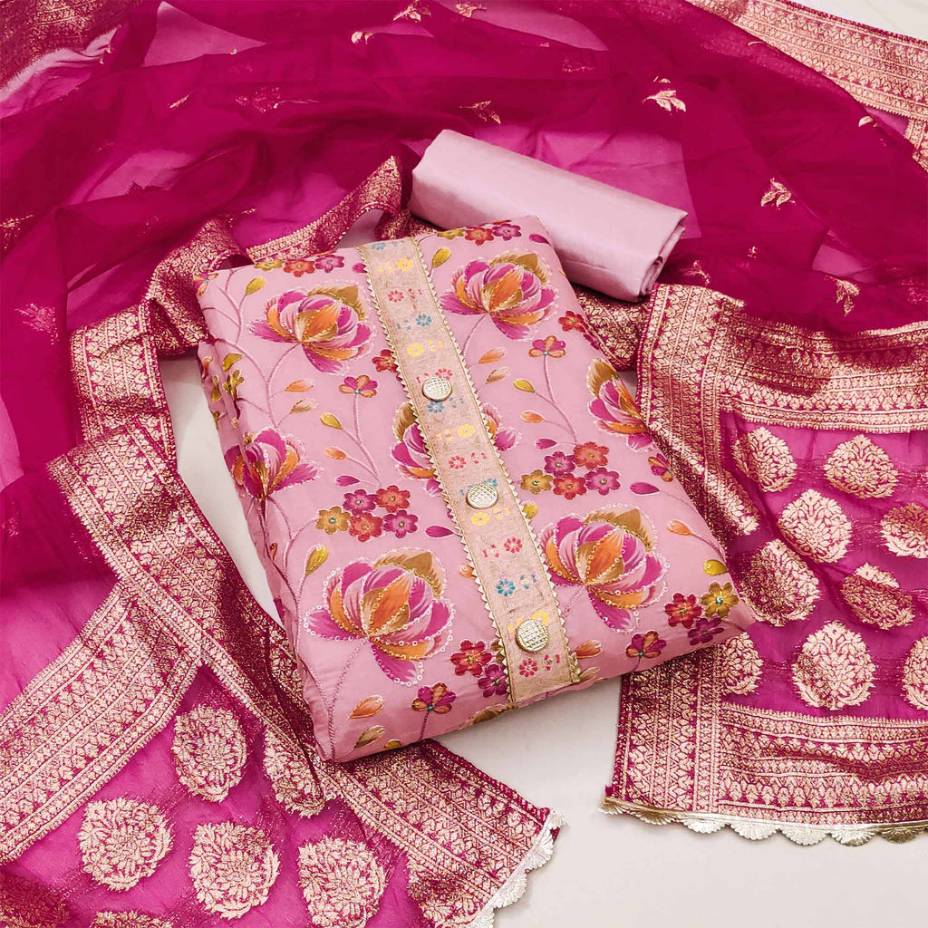 Pink Floral Printed Organza Dress Material