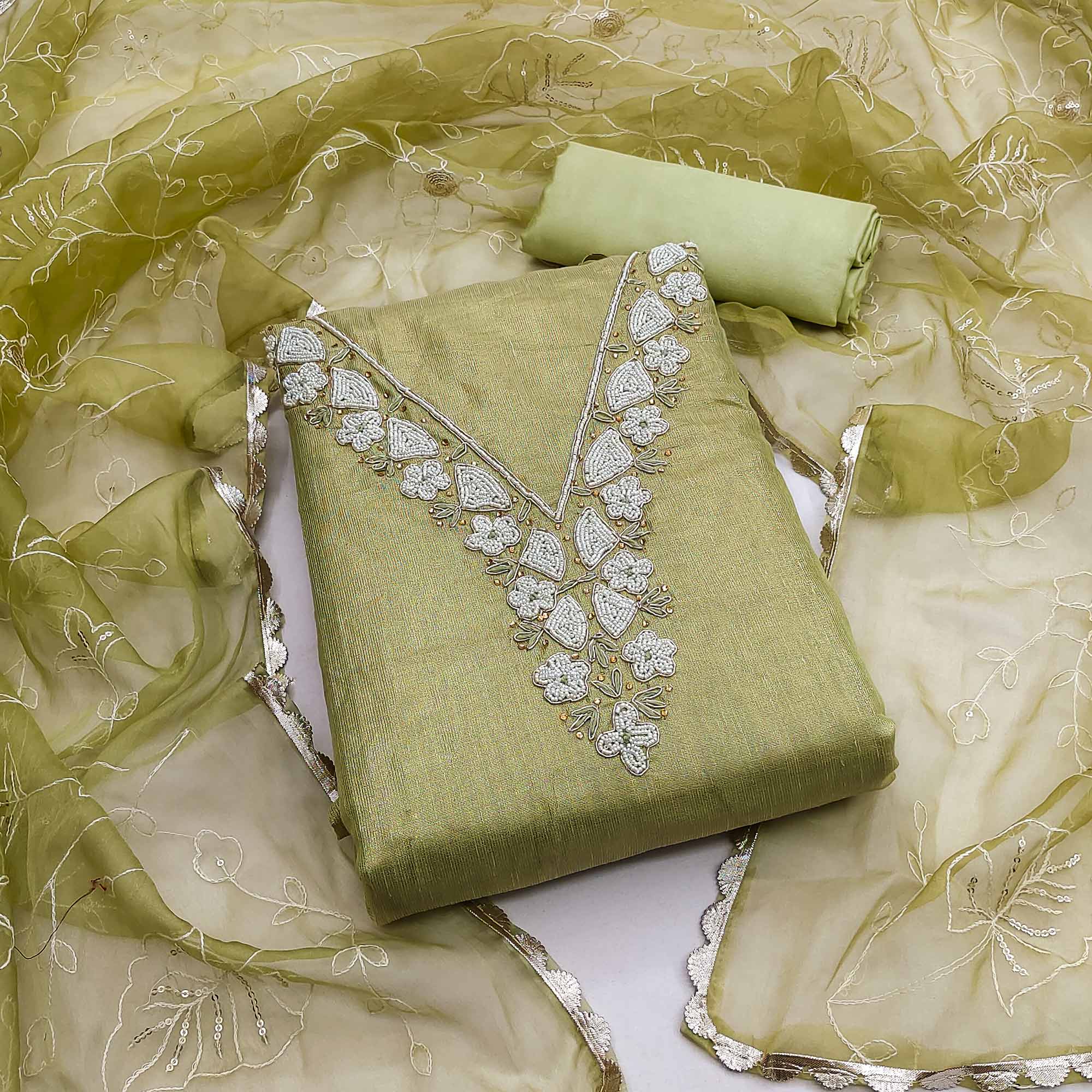 Green Embroidered Moti Work Pure Cotton Dress Material