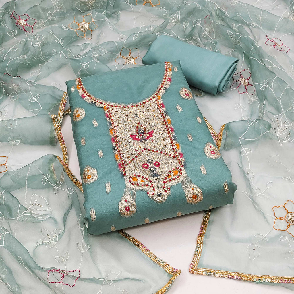 Blue Woven With Handwork Organza Dress Material