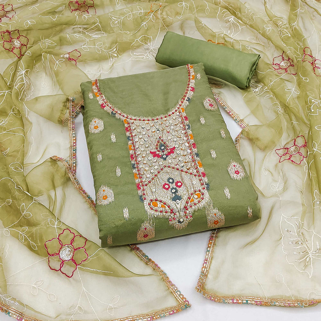 Green Woven With Handwork Organza Dress Material