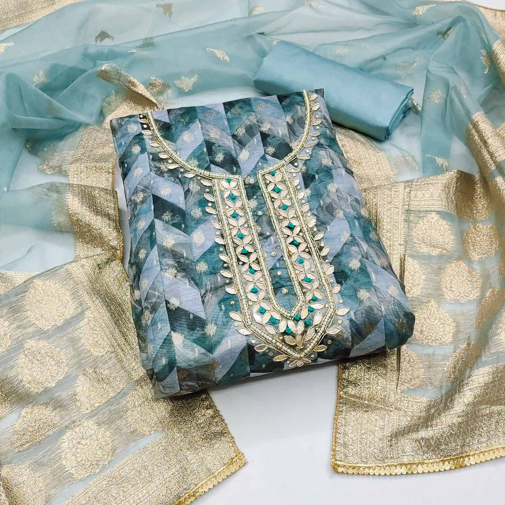 Blue Digital Printed With Woven Organza Dress Material