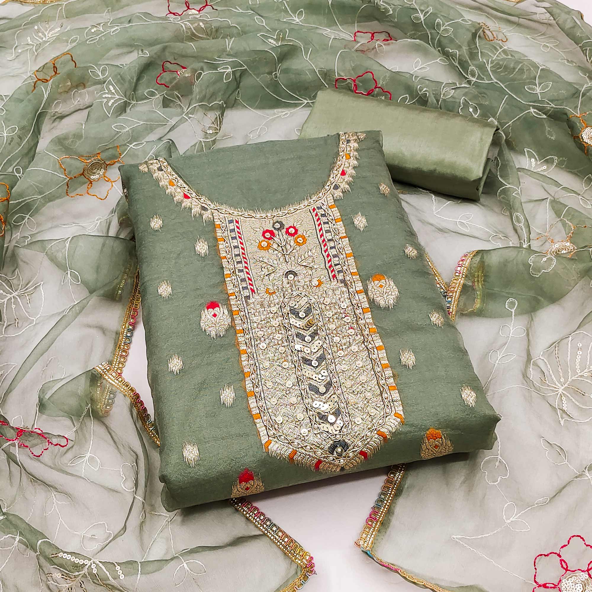 Green Woven With Handwork Organza Dress Material