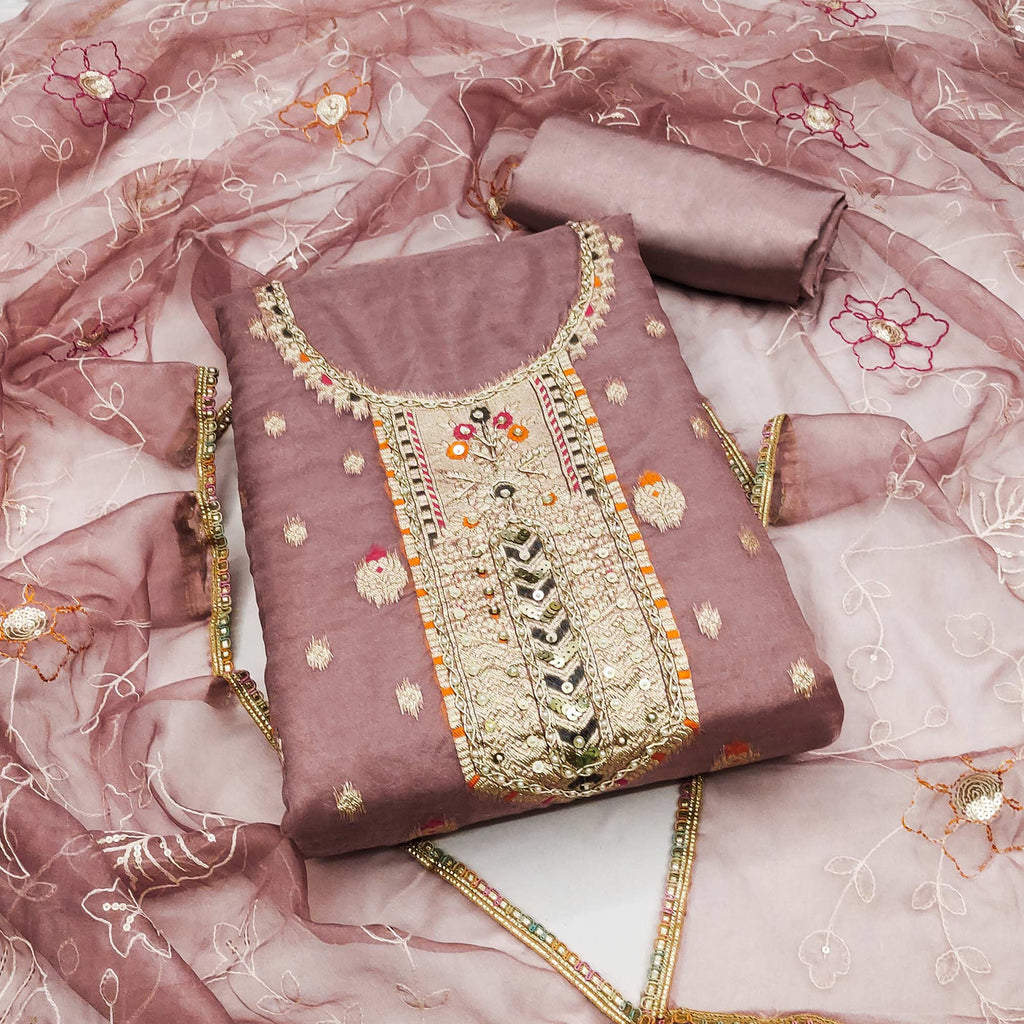Mauve Woven With Handwork Organza Dress Material