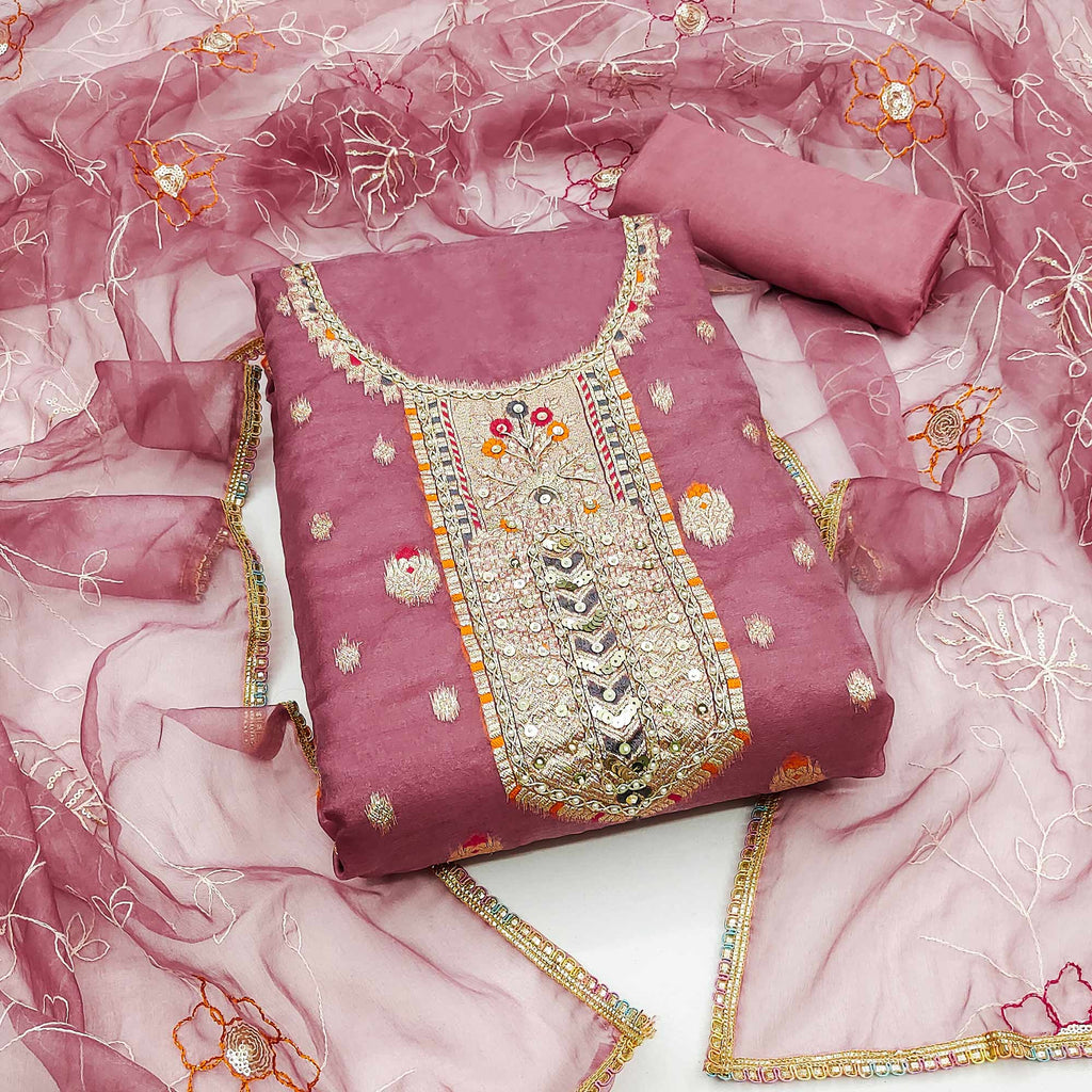 Pink Woven With Handwork Organza Dress Material