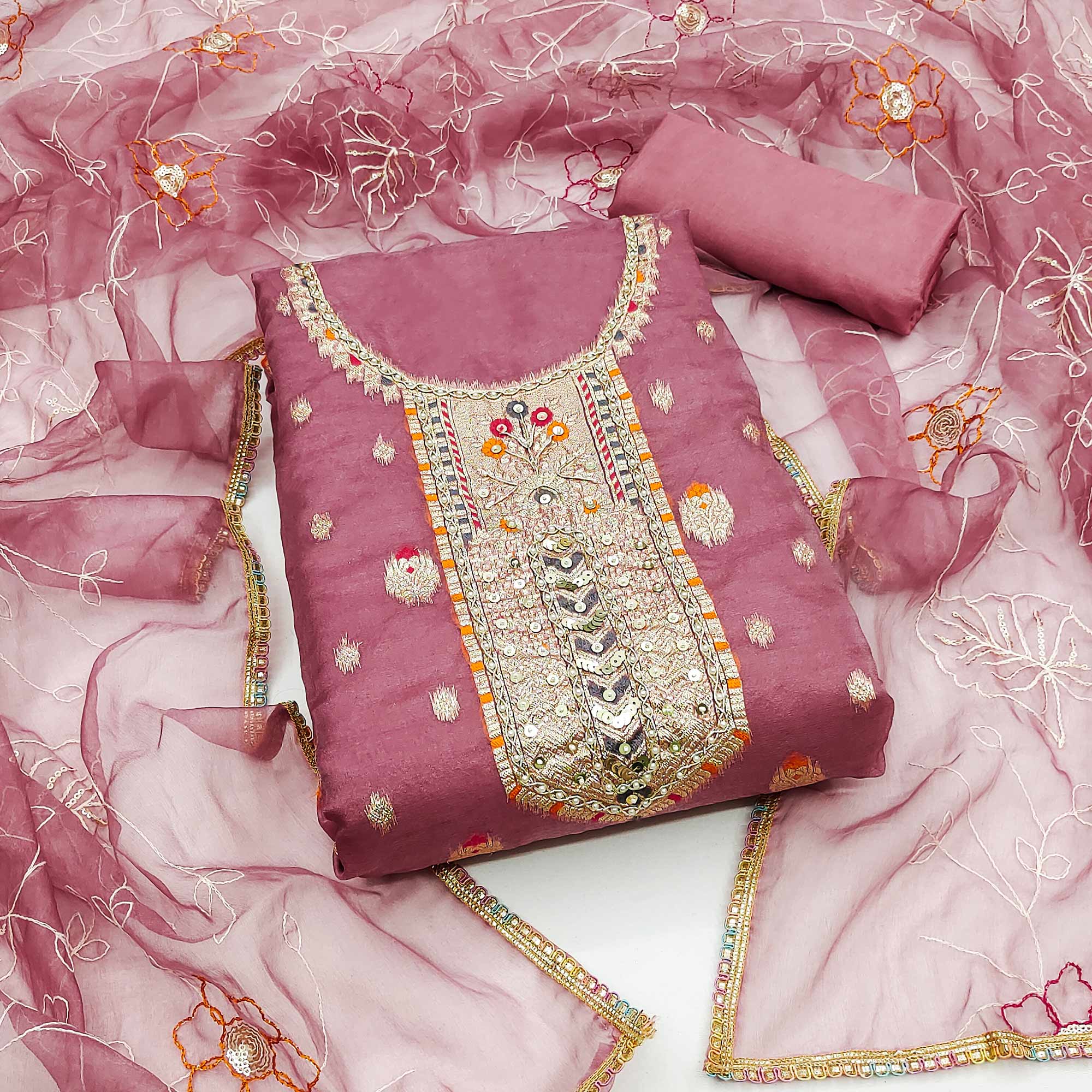 Pink Woven With Handwork Organza Dress Material