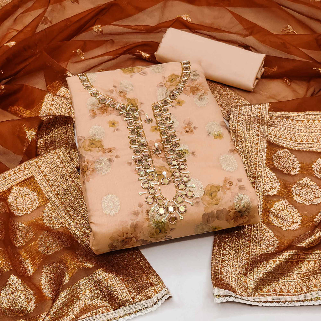 Peach Woven With Digital Printed Chanderi Silk Dress Material