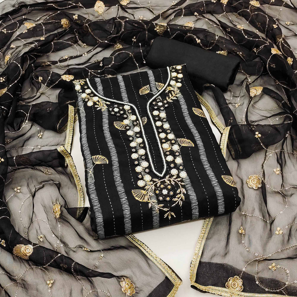 Black Foil Printed Chanderi Silk Dress Material