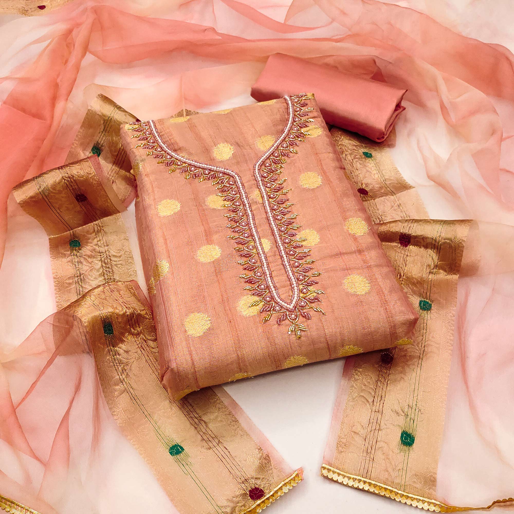 Peach Woven Chanderi Silk Dress Material