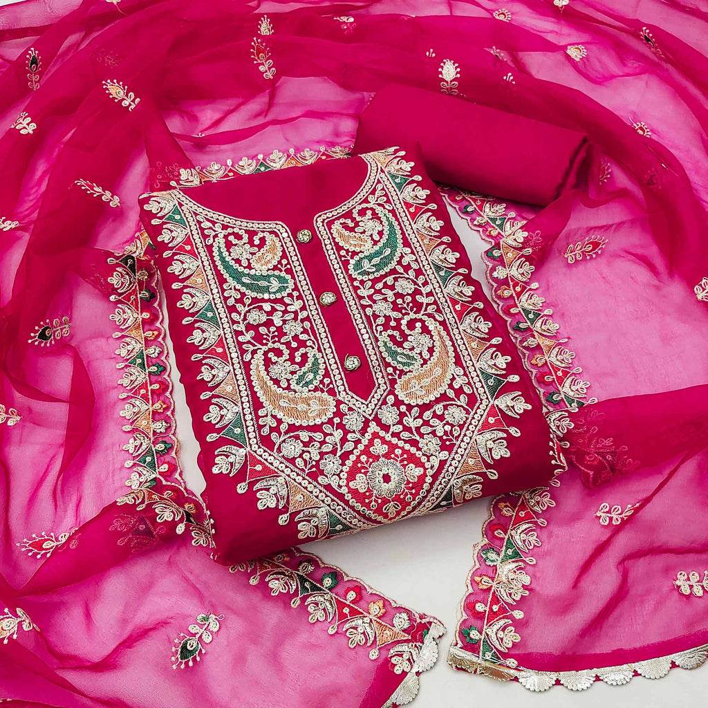 Pink Floral Embroidered Organza Dress Material