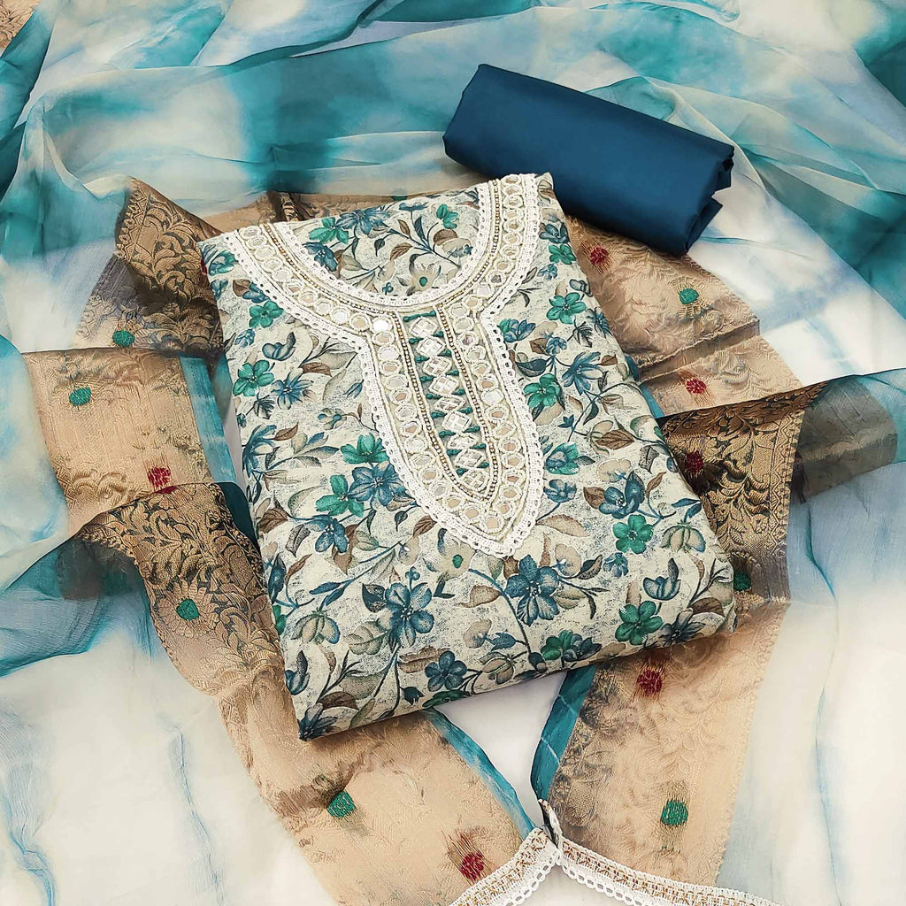 Cream & Blue Floral Digital Printed With Handwork Pure Cotton Dress Material