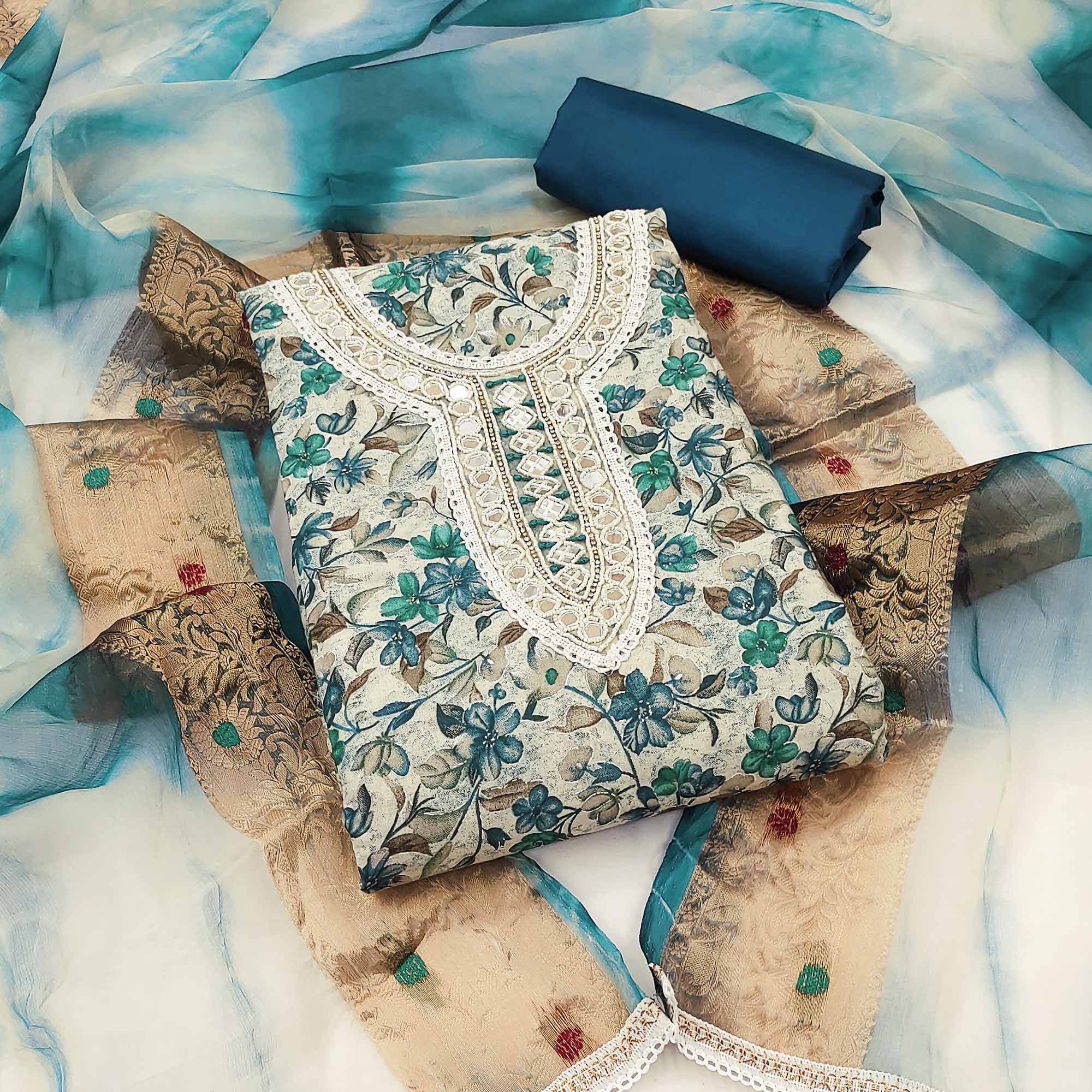 Cream & Blue Floral Digital Printed With Handwork Pure Cotton Dress Material