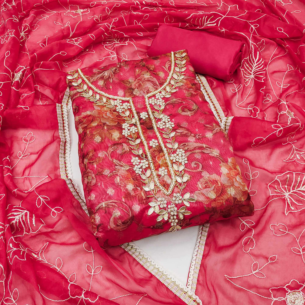 Pink Floral Digital Printed With Moti Work Organza Dress Material