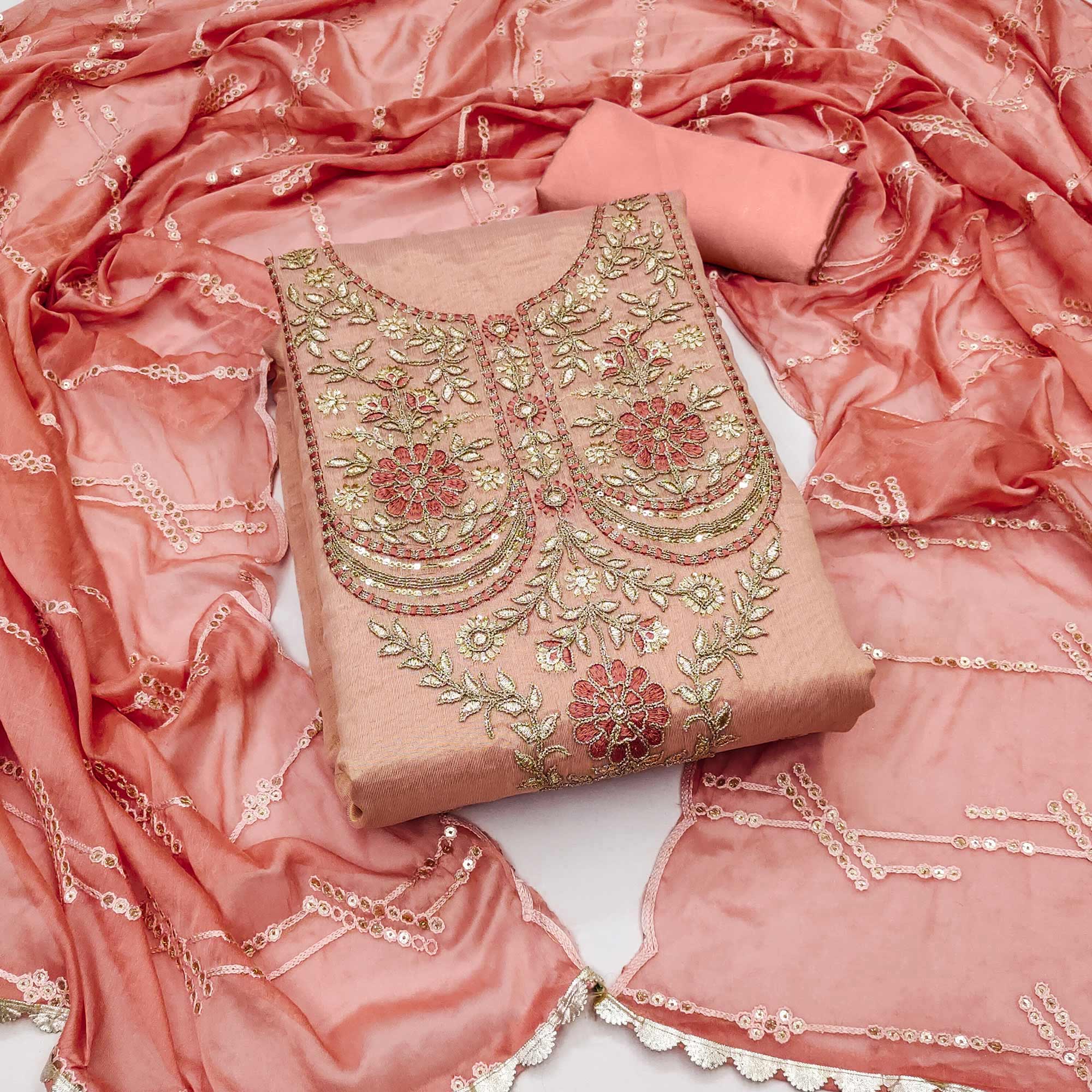 Peach Embroidered Viscose Dress Material