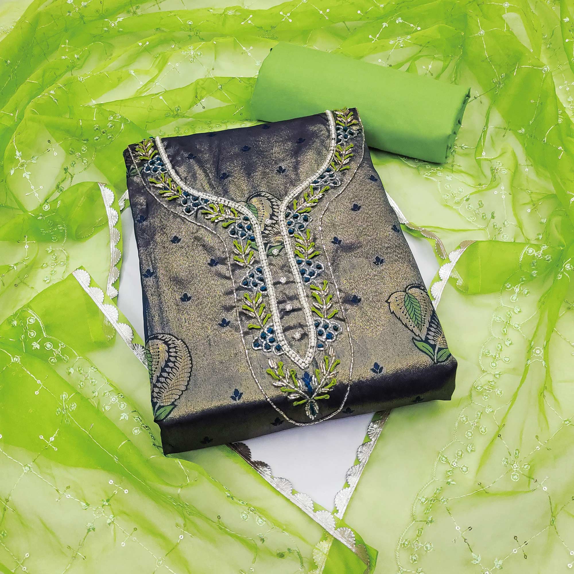 Dark Green Woven Banarasi Silk Dress Material