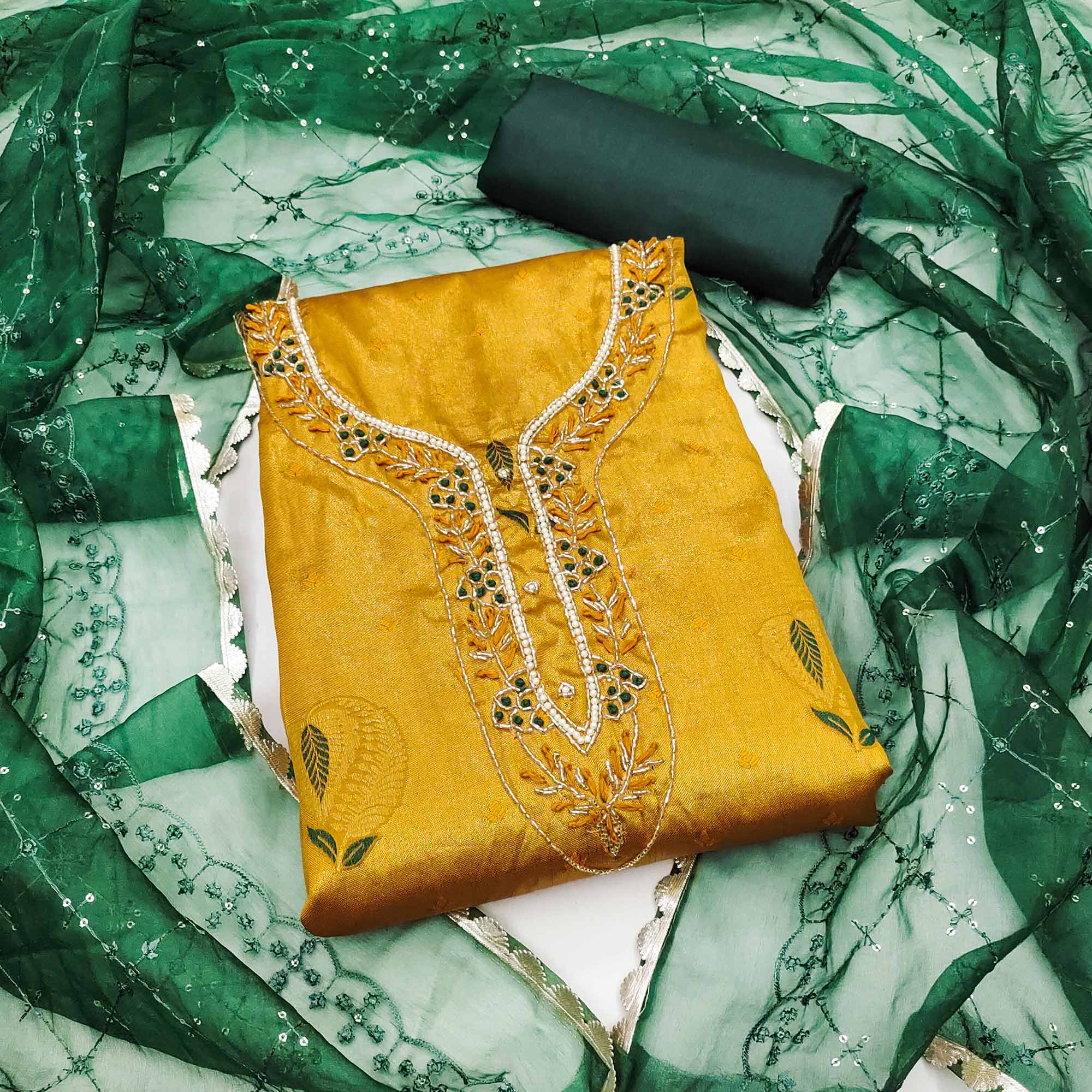 Mustard Woven Banarasi Silk Dress Material